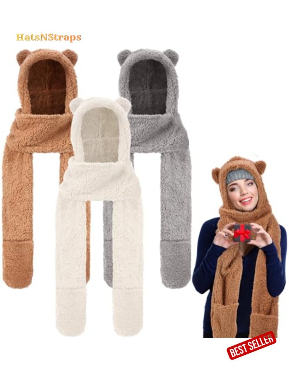 3 Pack Winter Fleece Sherpa Hooded Scarf Hat Gloves Windproof Cap